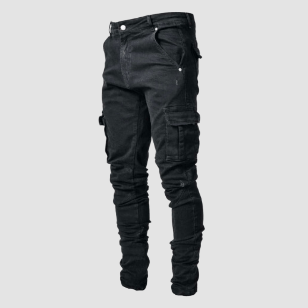 Men's Tapered Cargo Denim Jeans with Flap Pockets – Black