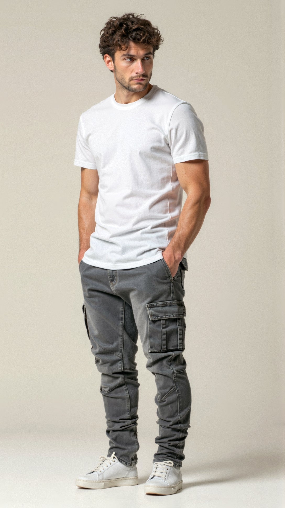 Men's Tapered Cargo Denim Jeans with Flap Pockets
