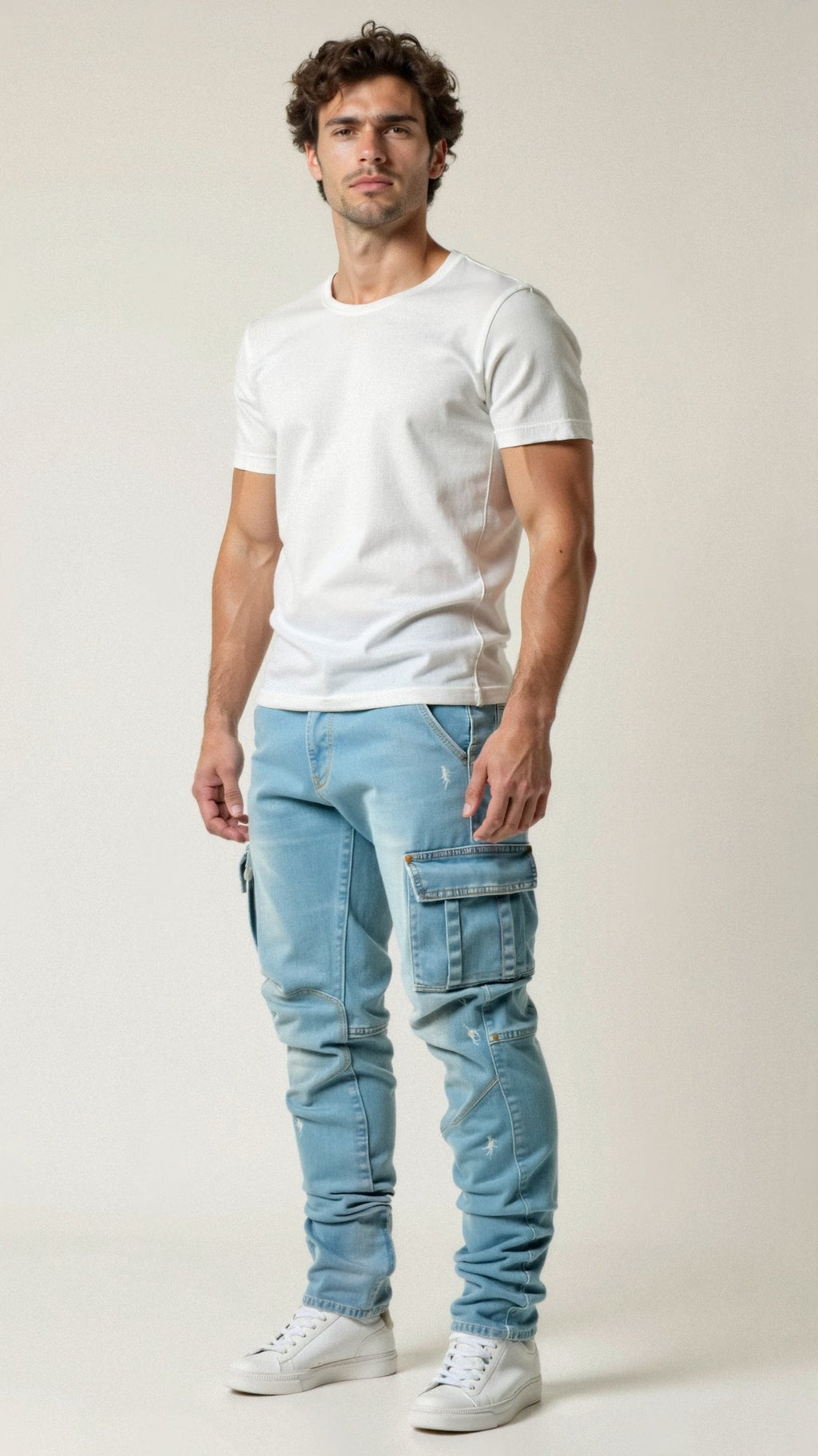 Men's Tapered Cargo Denim Jeans with Flap Pockets