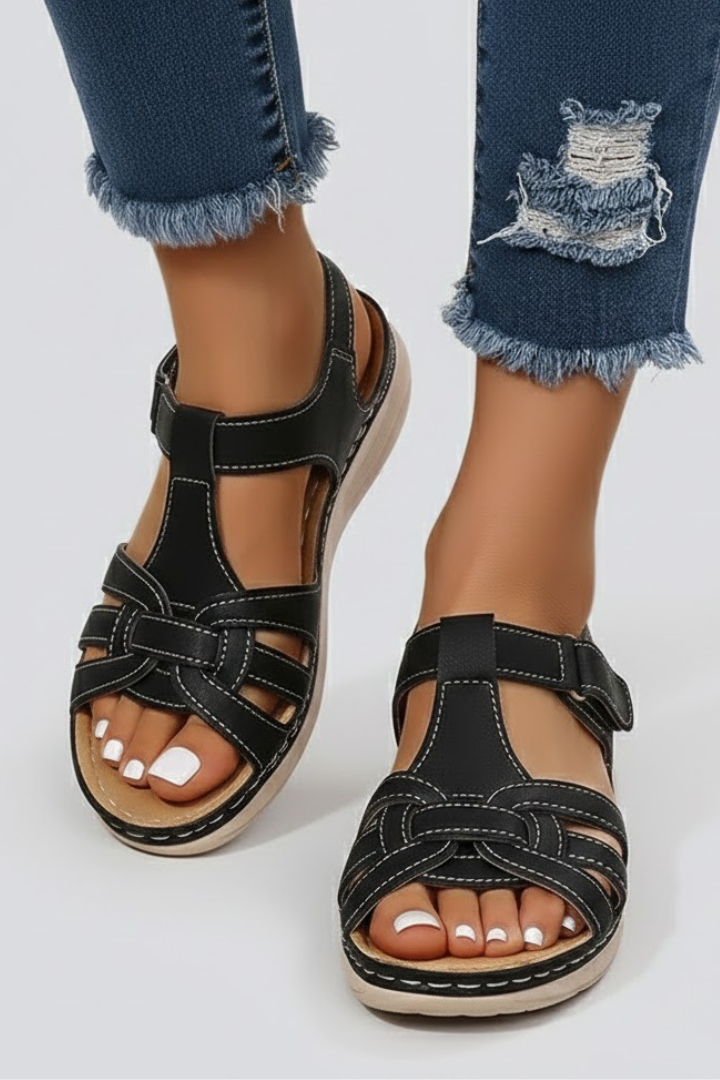 Women's Strappy Orthopedic Flat Sandals with Open Toe – Black