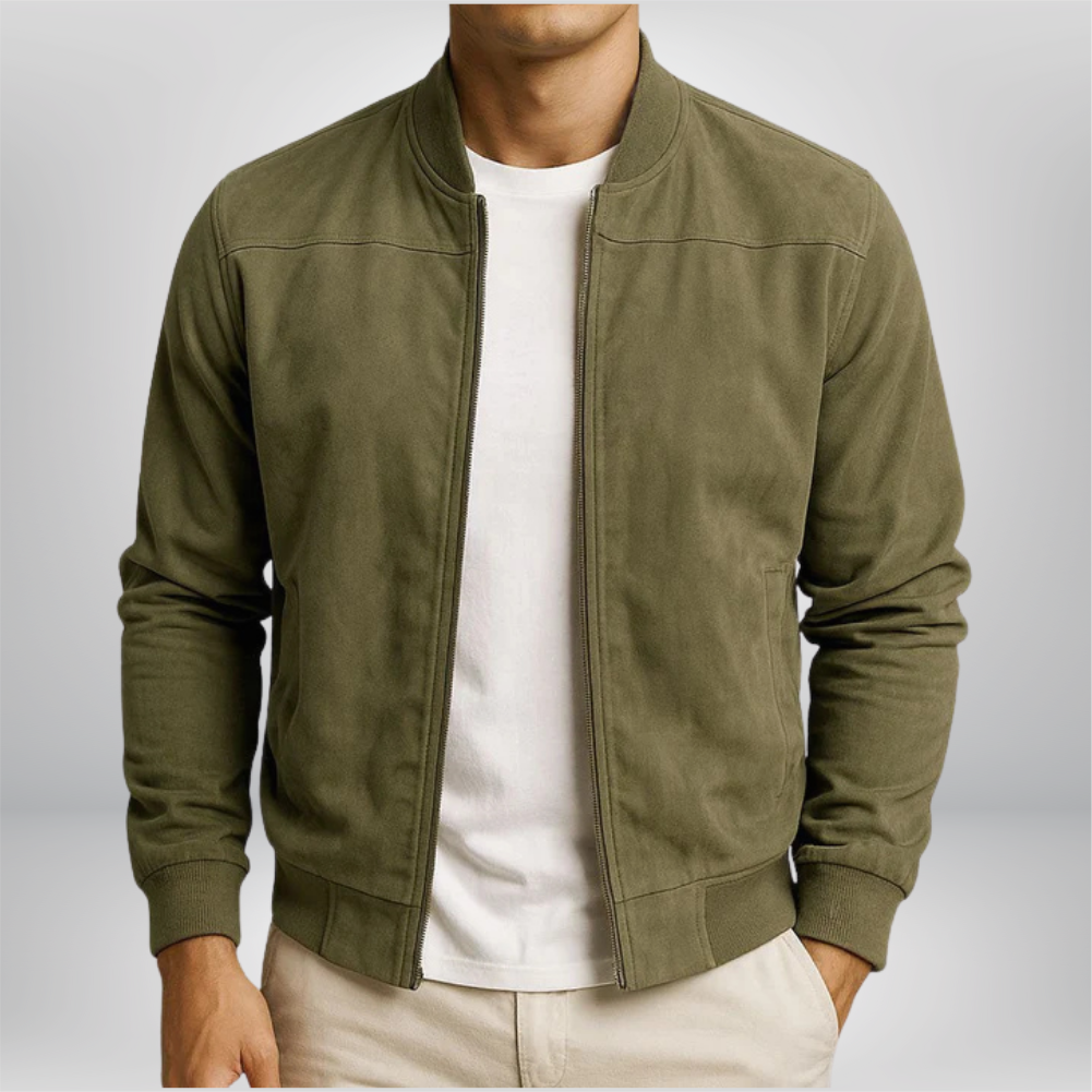Men's Slim-Cut Zip-Front Leather Bomber with Ribbed Trims – Olive Green