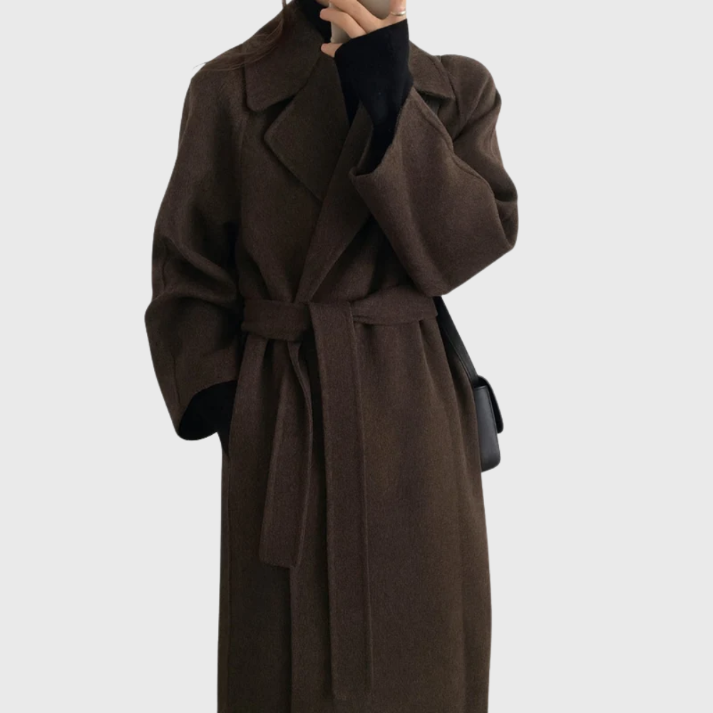 Women's Belted Longline Wool Blend Coat with Wide Lapels – Dark Brown