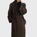 Women's Belted Longline Wool Blend Coat with Wide Lapels – Dark Brown