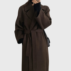 Women's Belted Longline Wool Blend Coat with Wide Lapels – Dark Brown