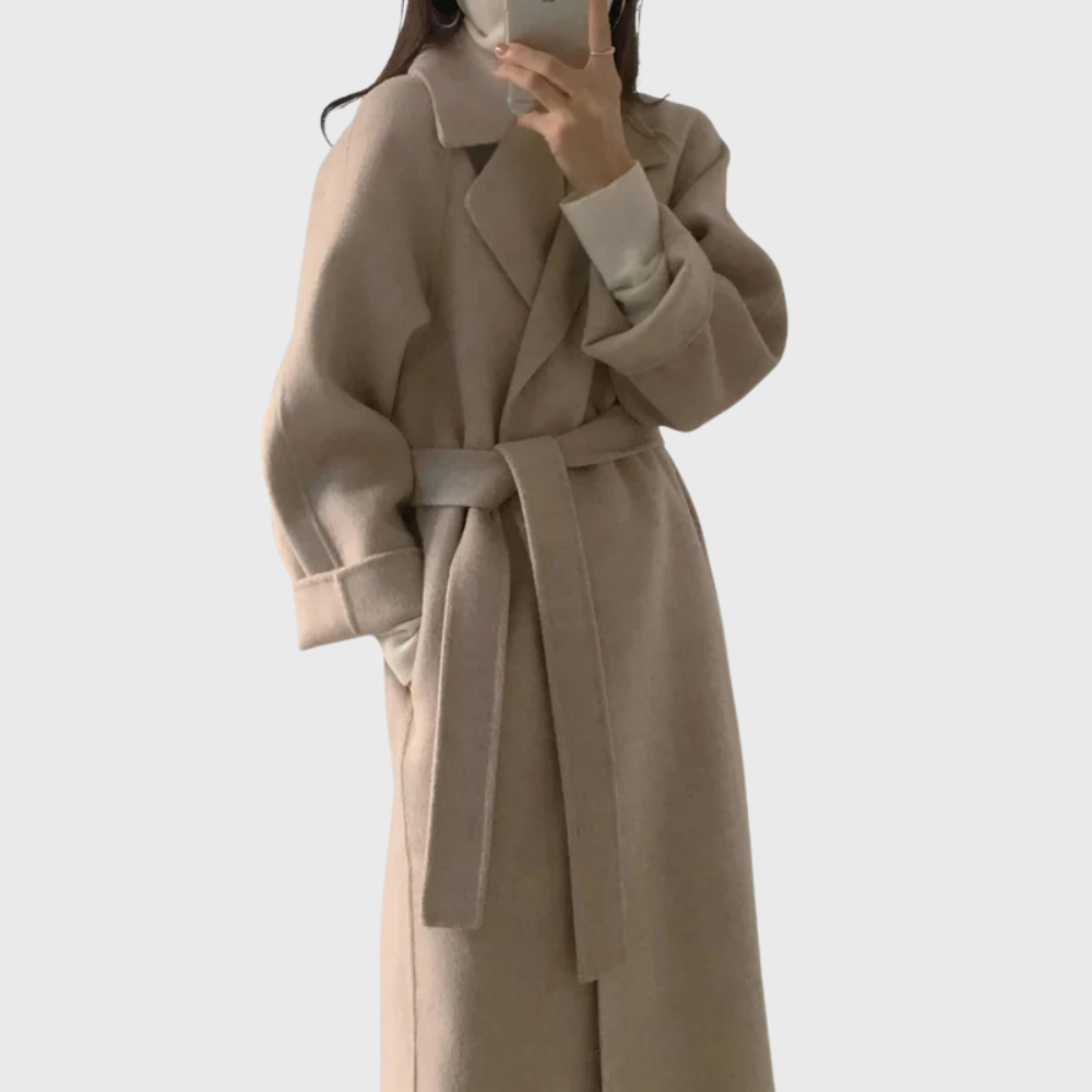 Women's Belted Longline Wool Blend Coat with Wide Lapels – Beige
