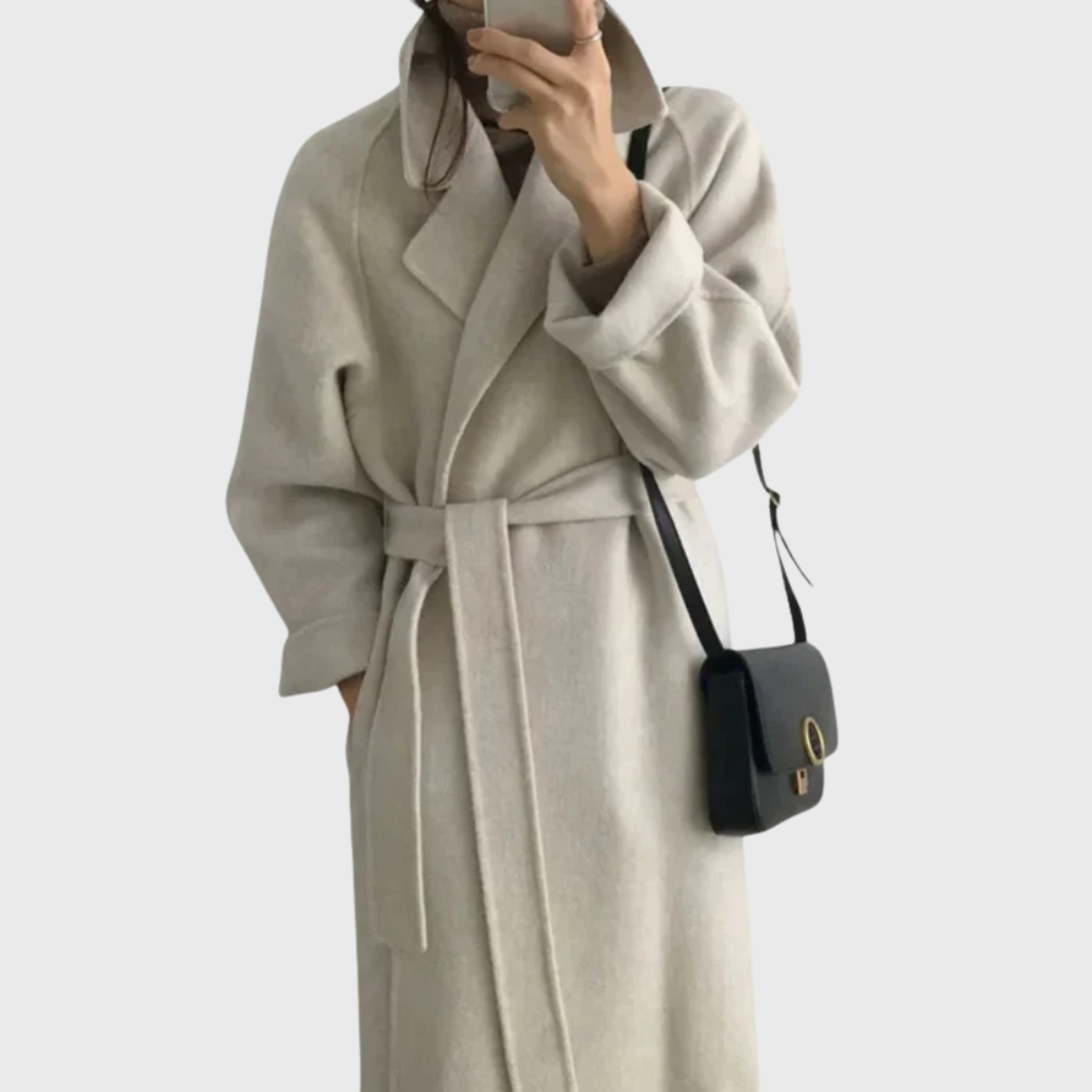 Women's Belted Longline Wool Blend Coat with Wide Lapels – Cream