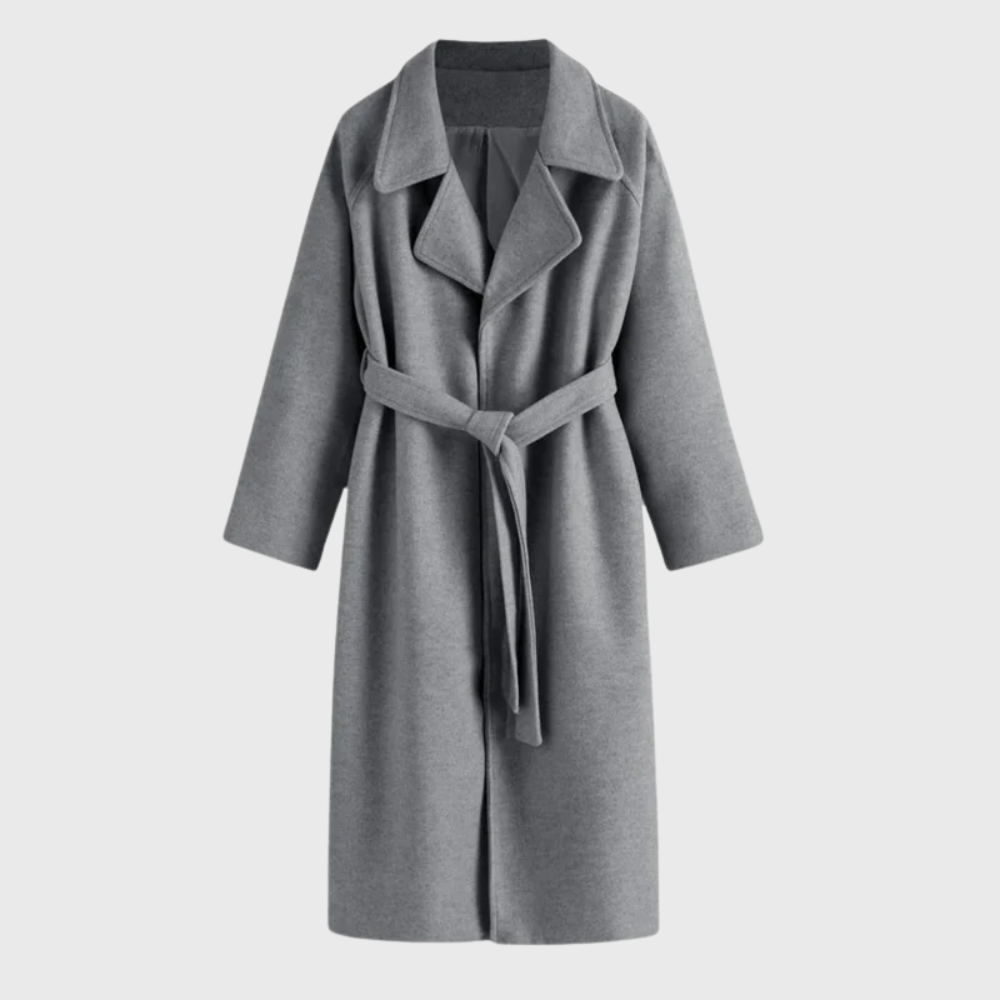 Women's Belted Longline Wool Blend Coat with Wide Lapels – Grey