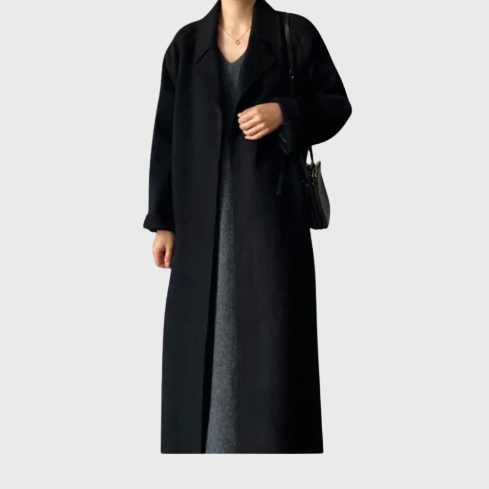 Women's Belted Longline Wool Blend Coat with Wide Lapels – Black