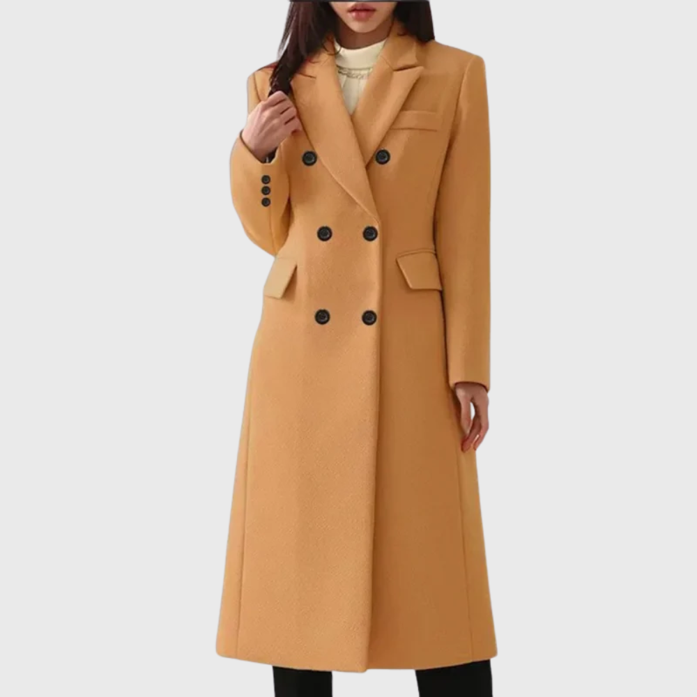 Women's Tailored Double-Breasted Wool Coat with Notched Lapels – Brown