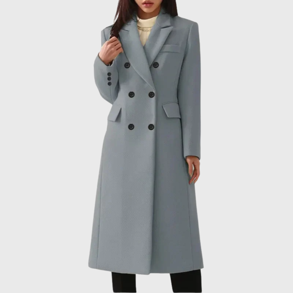 Women's Tailored Double-Breasted Wool Coat with Notched Lapels – Grey