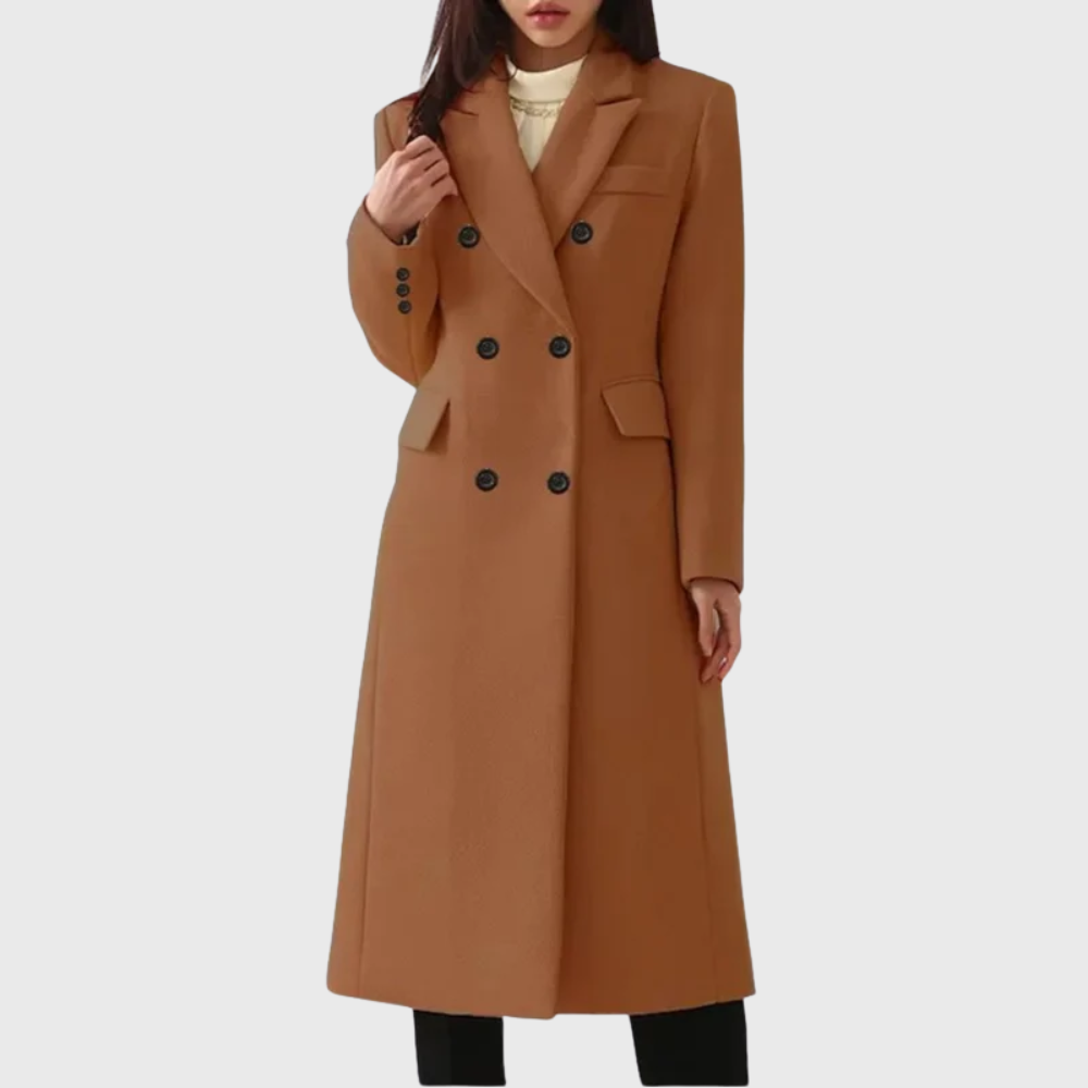 Women's Tailored Double-Breasted Wool Coat with Notched Lapels – Dark Brown