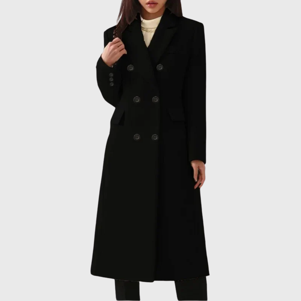 Women's Tailored Double-Breasted Wool Coat with Notched Lapels – Black