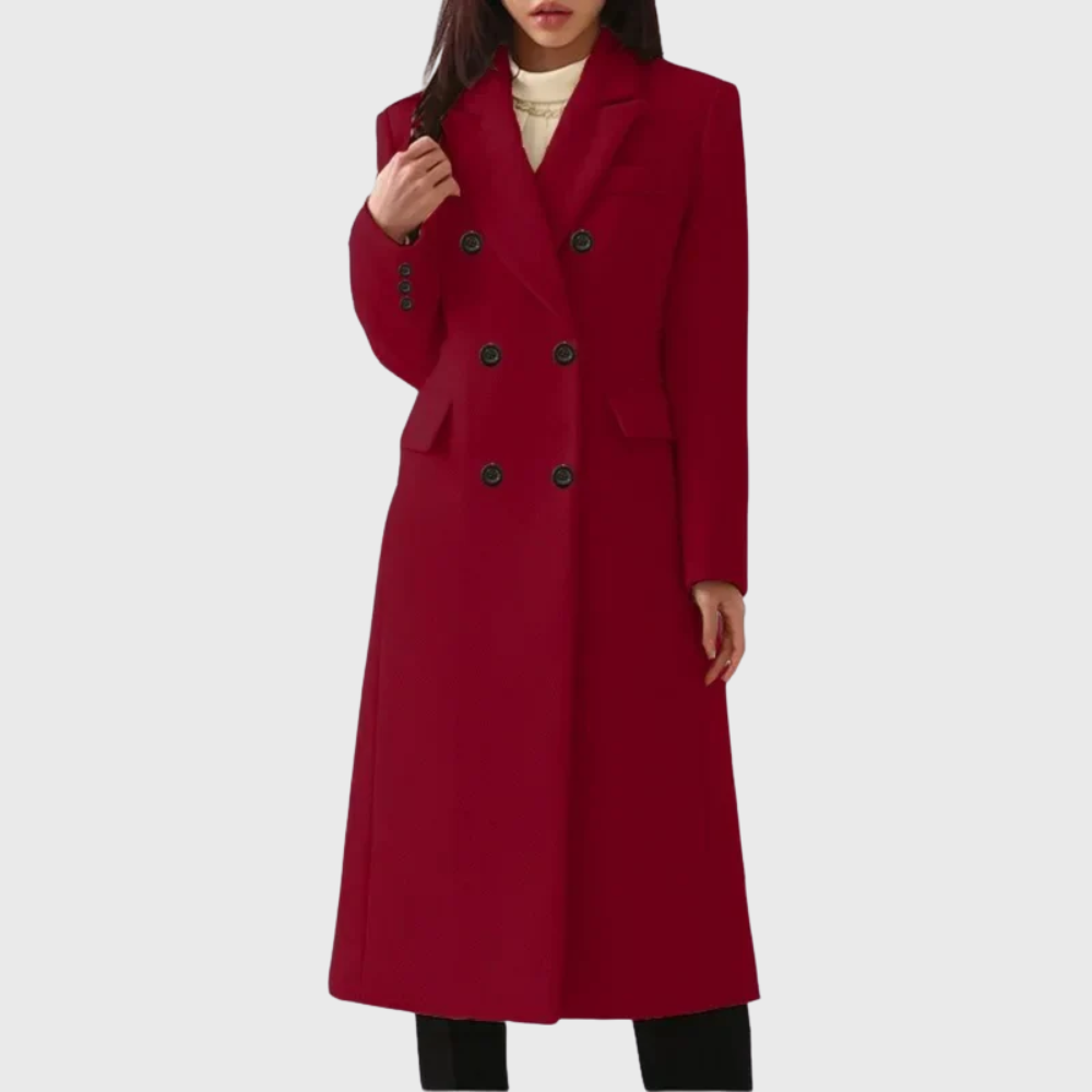 Women's Tailored Double-Breasted Wool Coat with Notched Lapels – Wine Red