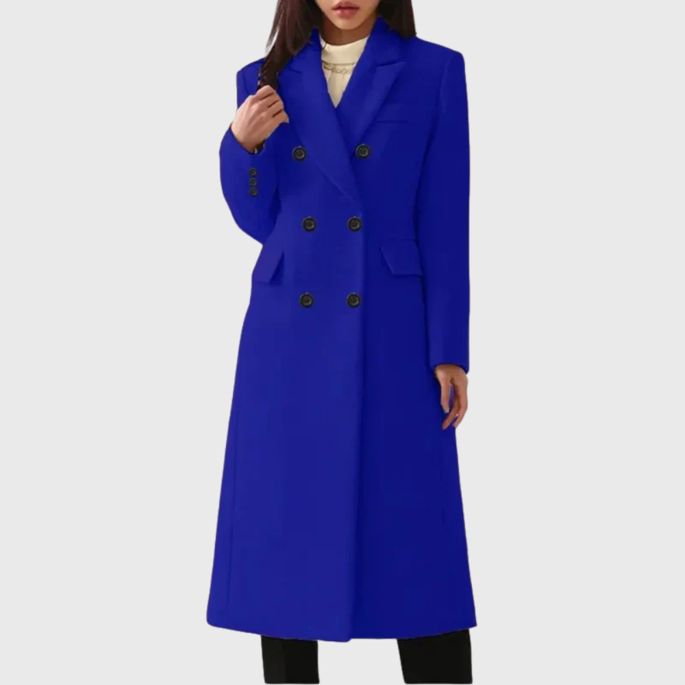 Women's Tailored Double-Breasted Wool Coat with Notched Lapels – Blue