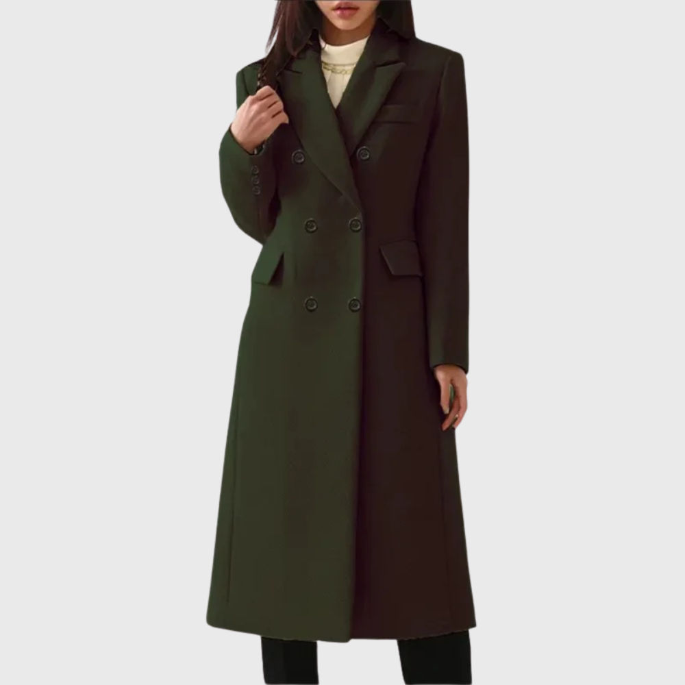 Women's Tailored Double-Breasted Wool Coat with Notched Lapels – Dark Green
