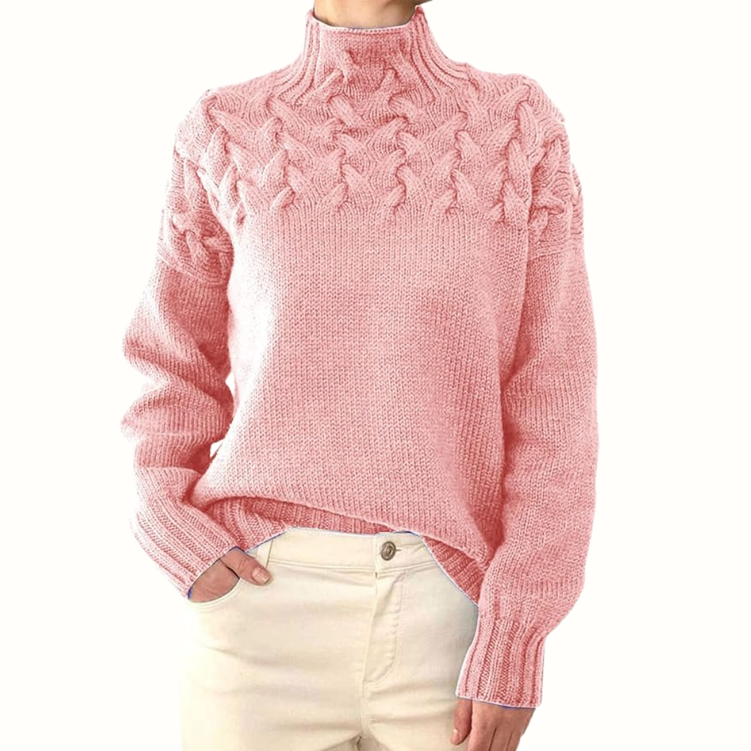 Women's Braided Yoke Roll-Neck Jumper with Ribbed Trims – Light Pink