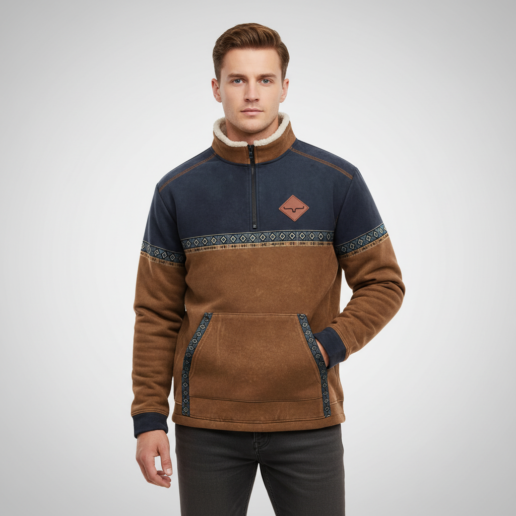 Men's Sherpa Collar Fleece Jumper with Kangaroo Pocket – Brown