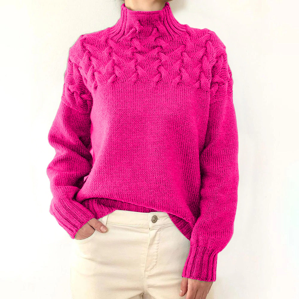Women's Braided Yoke Roll-Neck Jumper with Ribbed Trims – Pink