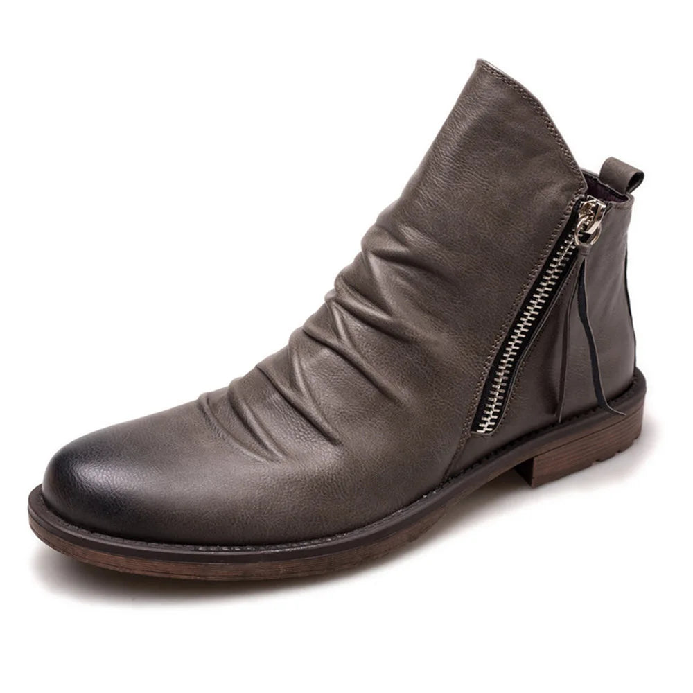 Men's Side Zip Leather Chelsea Boots with Stacked Heel – Taupe