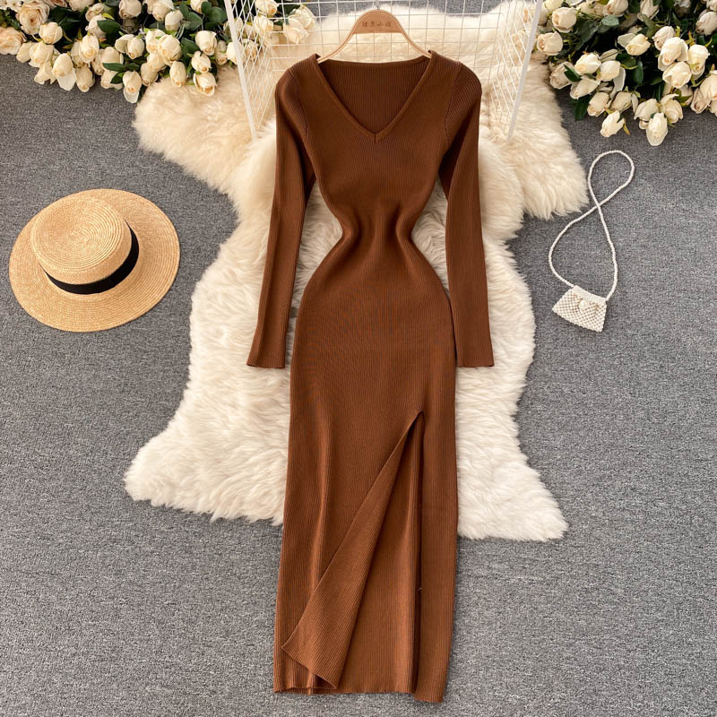Women's Ribbed Knit Bodycon Maxi Dress with Side Slit – Brown