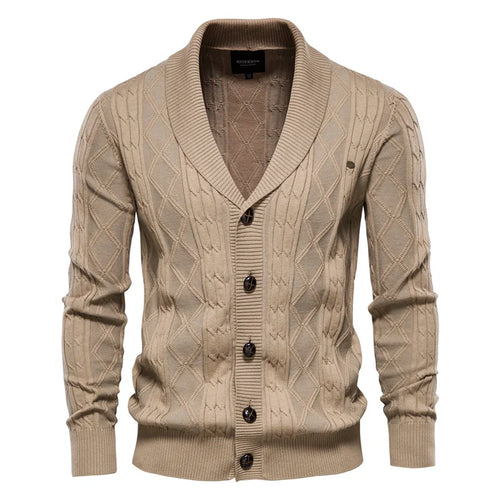 Men's Cable-Knit Cardigan with Broad Shawl Collar – Khaki