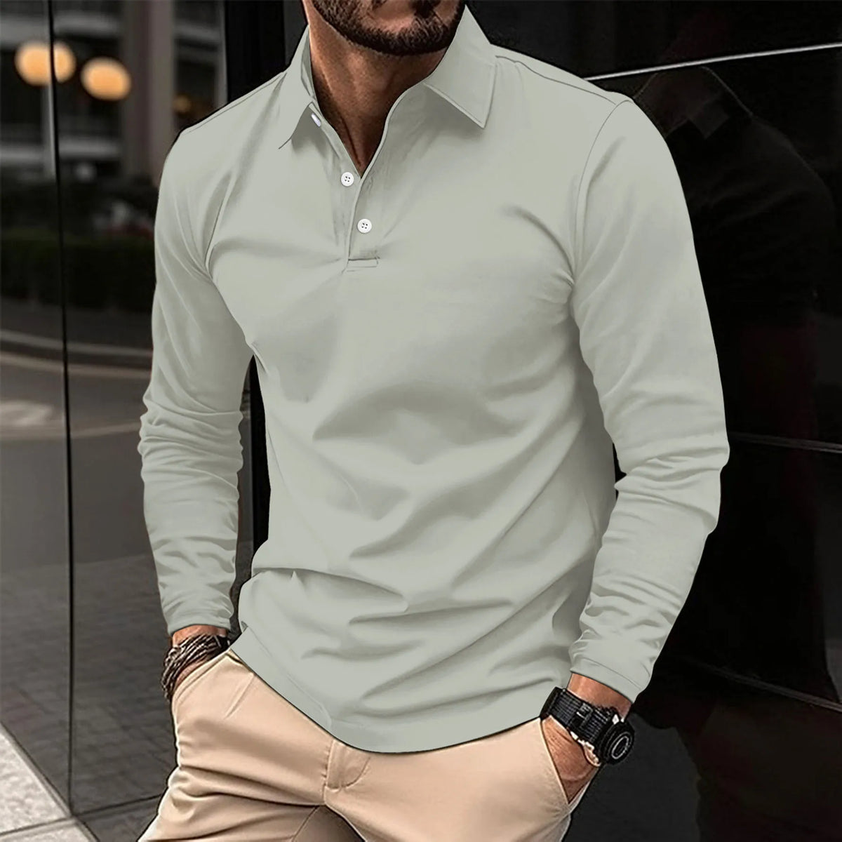 Men's Tailored Long Sleeve Polo with Structured Collar – Light Grey