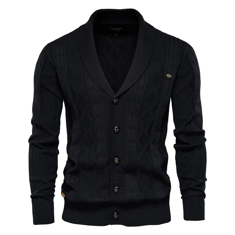Men's Cable-Knit Cardigan with Broad Shawl Collar – Black