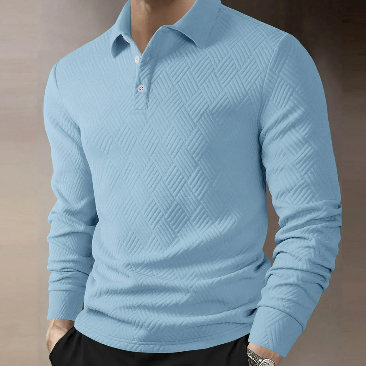 Men's Textured Knit Polo Top with Button Placket – Light Blue