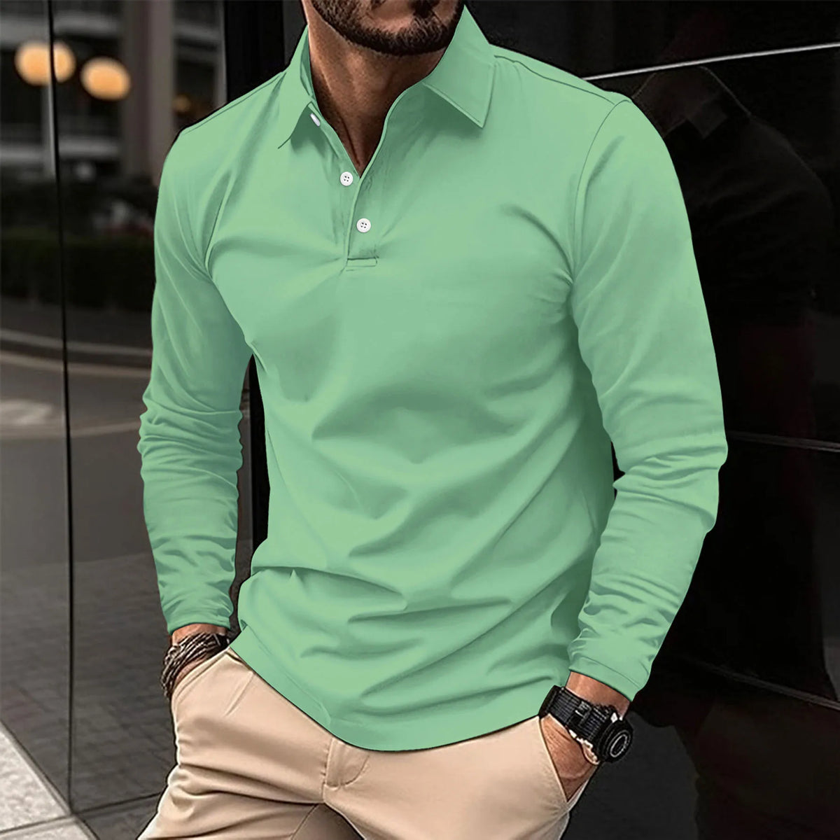 Men's Tailored Long Sleeve Polo with Structured Collar – Light Green