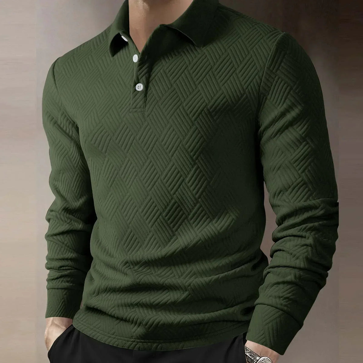 Men's Textured Knit Polo Top with Button Placket – Green
