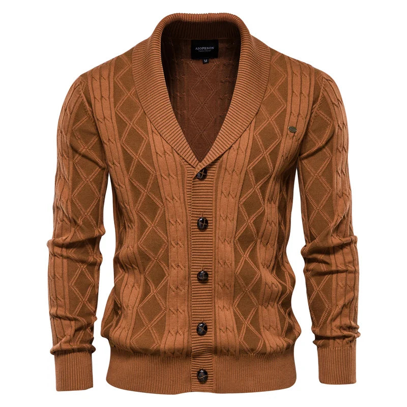 Men's Cable-Knit Cardigan with Broad Shawl Collar – Brown