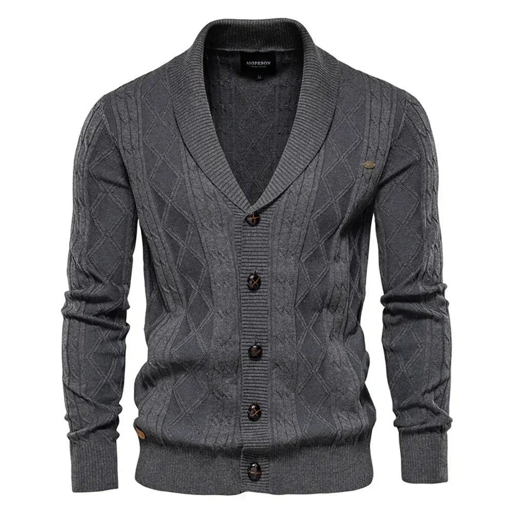 Men's Cable-Knit Cardigan with Broad Shawl Collar