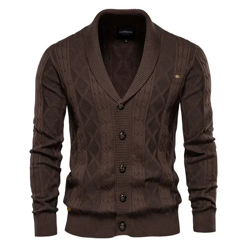 Men's Cable-Knit Cardigan with Broad Shawl Collar – Dark Brown