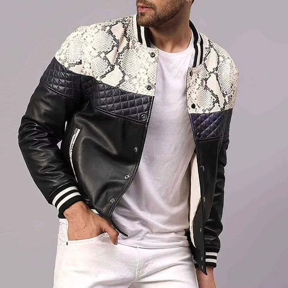 Men's Slim-Fit Leather Bomber with Stand Collar