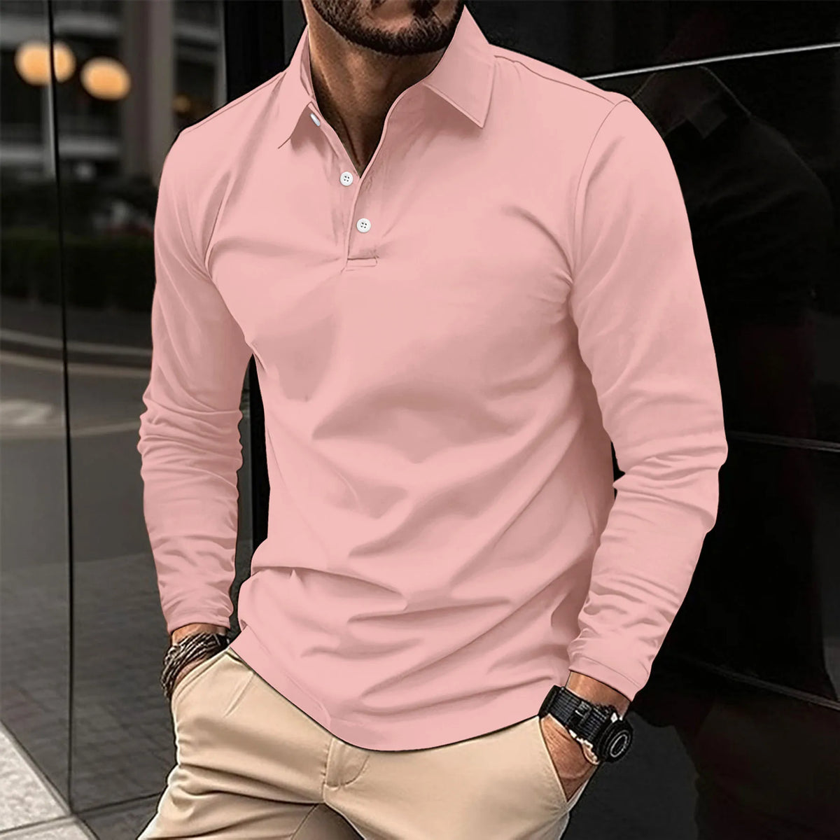 Men's Tailored Long Sleeve Polo with Structured Collar – Pink