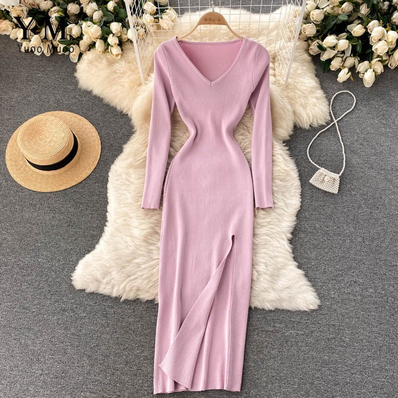 Women's Ribbed Knit Bodycon Maxi Dress with Side Slit – Light Pink