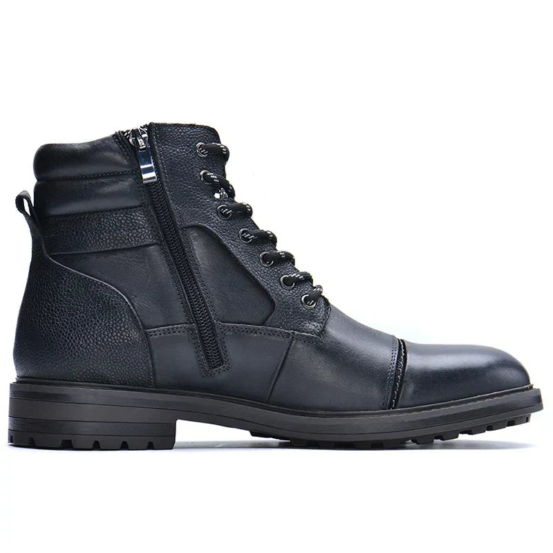 Men's Genuine Leather Lace-Up Boots with Side Zip – Black