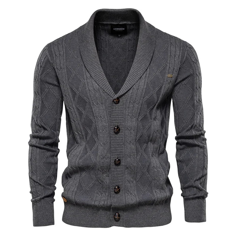 Men's Cable-Knit Cardigan with Broad Shawl Collar – Dark Grey