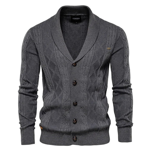 Men's Cable-Knit Cardigan with Broad Shawl Collar – Dark Grey