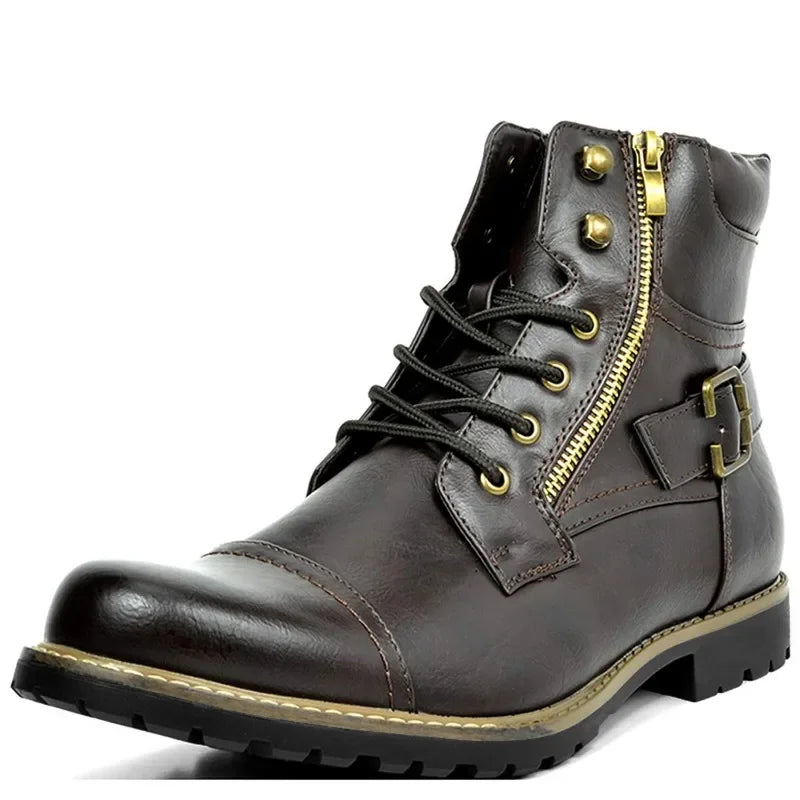 Men's Faux Leather Work Boots with Buckle and Laces – Dark-Brown