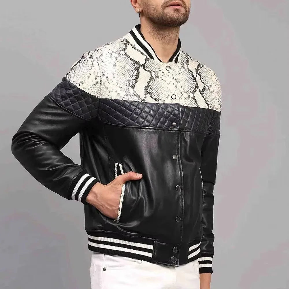 Men's Slim-Fit Leather Bomber with Stand Collar