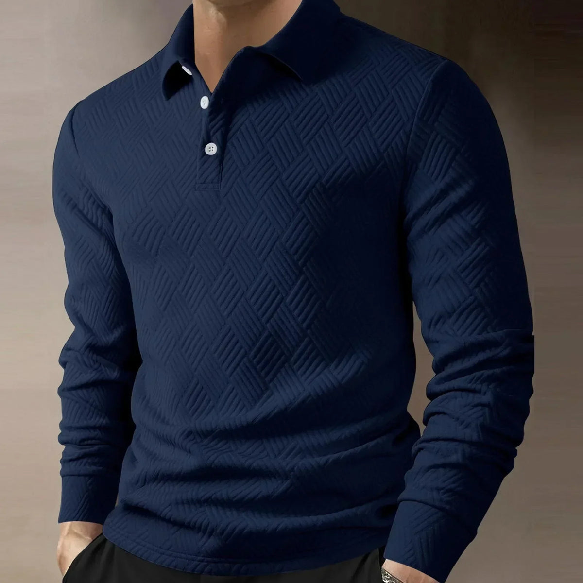 Men's Textured Knit Polo Top with Button Placket – Dark Blue