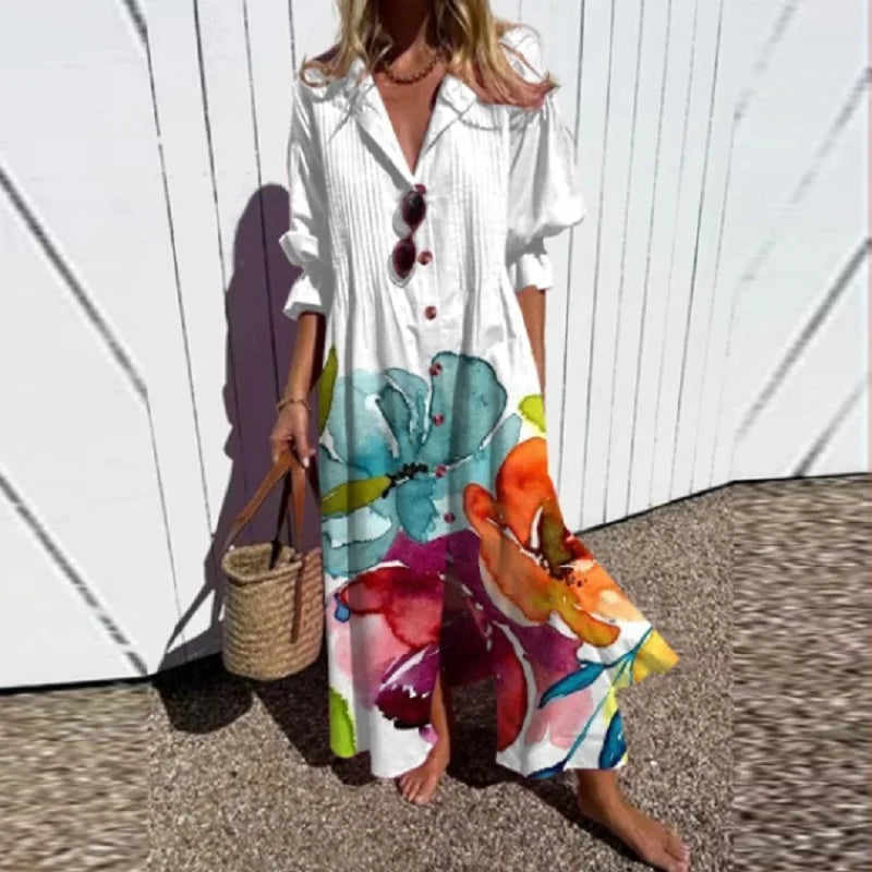 Women's Button-Front Floral Maxi Dress with Long Sleeves – White