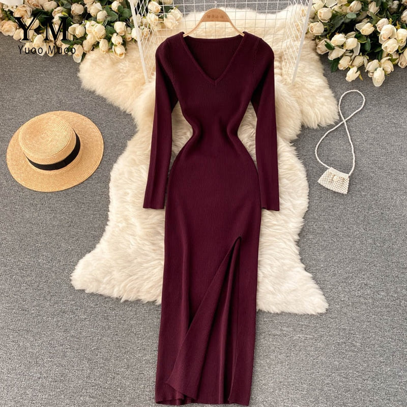 Women's Ribbed Knit Bodycon Maxi Dress with Side Slit – Wine Red