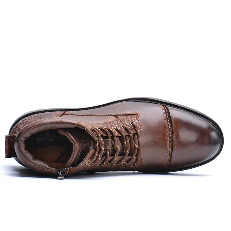 Men's Genuine Leather Lace-Up Boots with Side Zip