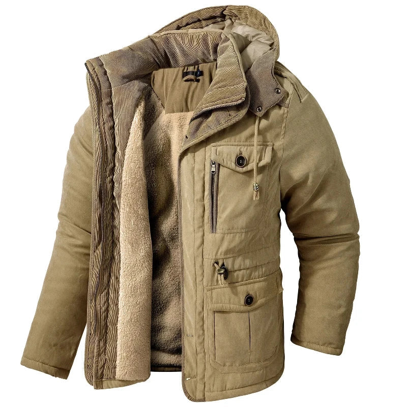 Women's Multi-Pocket Plush-Lined Hooded Parka - Khaki
