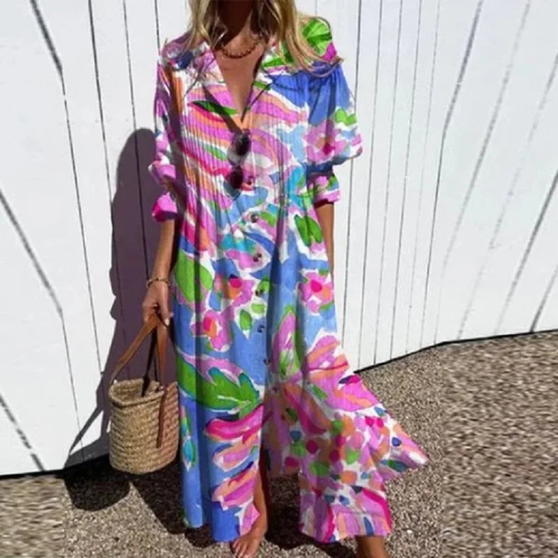 Women's Button-Front Floral Maxi Dress with Long Sleeves – Pink