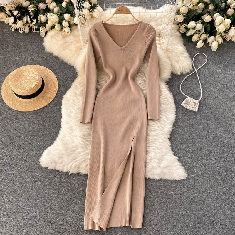 Women's Ribbed Knit Bodycon Maxi Dress with Side Slit – Khaki