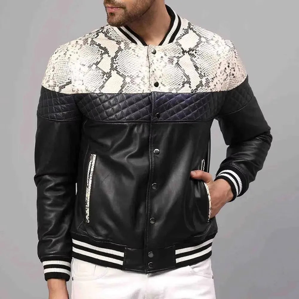 Men's Slim-Fit Leather Bomber with Stand Collar – Black