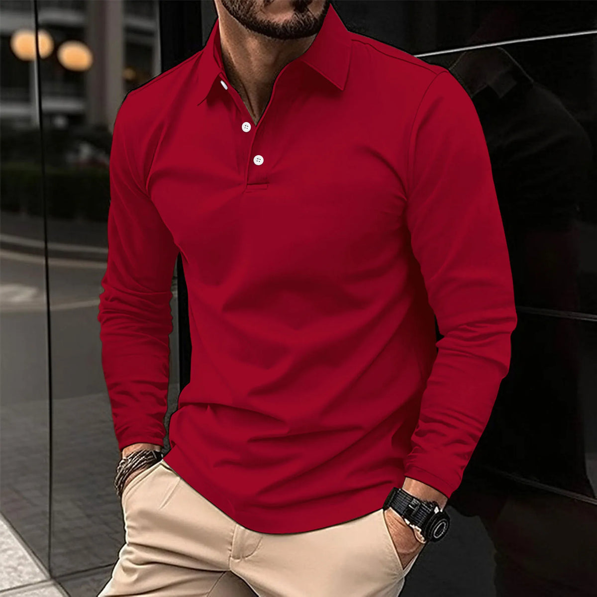 Men's Tailored Long Sleeve Polo with Structured Collar – Red